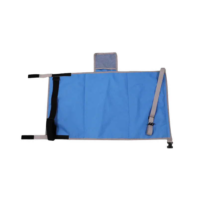 Portable blue children's aircraft pedal seat extender with drawstring pocket