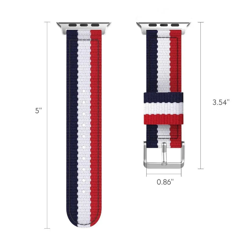 Split nylon canvas watchband for Apple Watch in rainbow colour, fits sizes 38-49mm