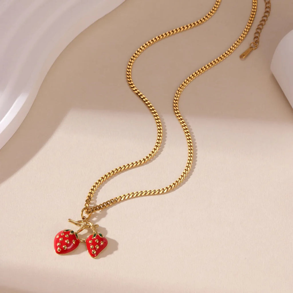 Strawberry fruit necklace pendant in stainless steel with red or white colour options