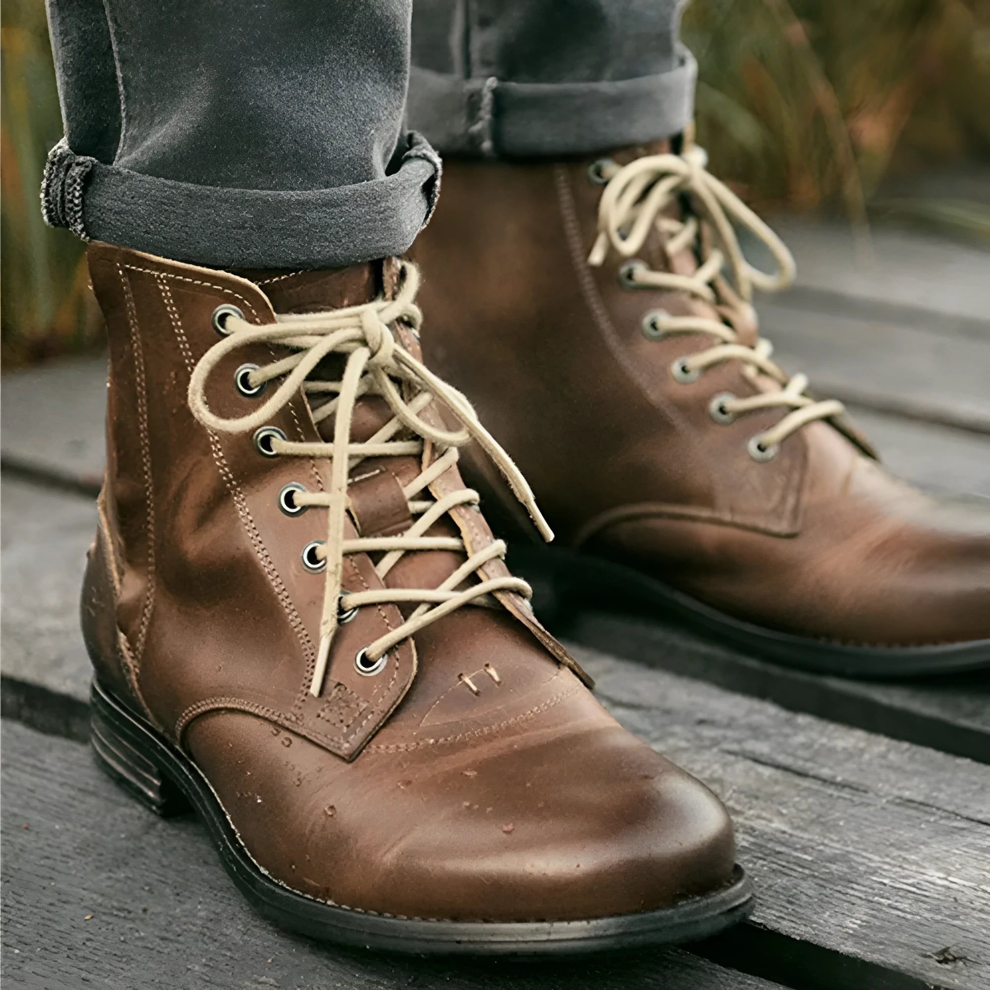 Knight Series black and brown two-tone leather boots with side zipper and low heel.