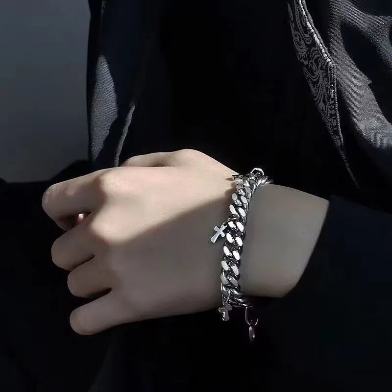 Men's titanium steel geometric cross bracelet with cold wind styling