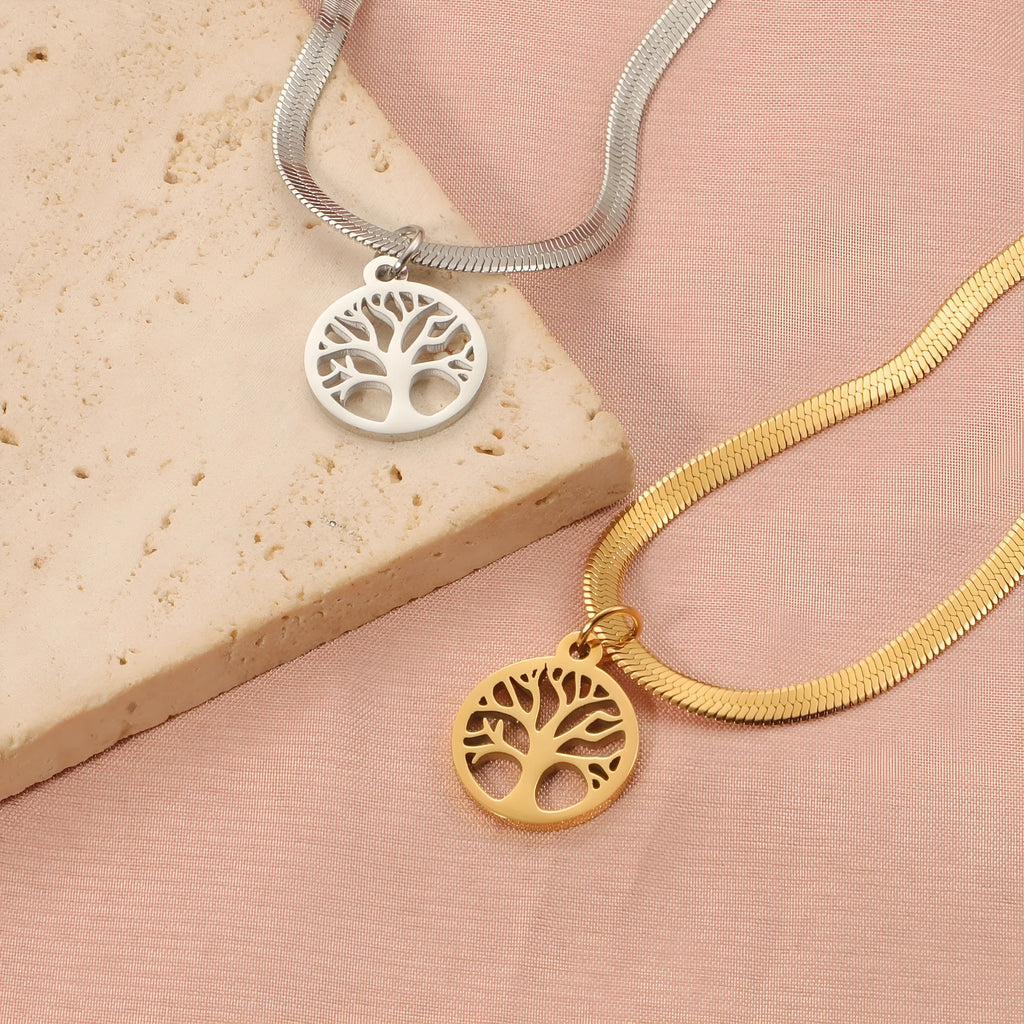 Stainless steel lucky tree necklace on adjustable snake bone chain with titanium steel pendant