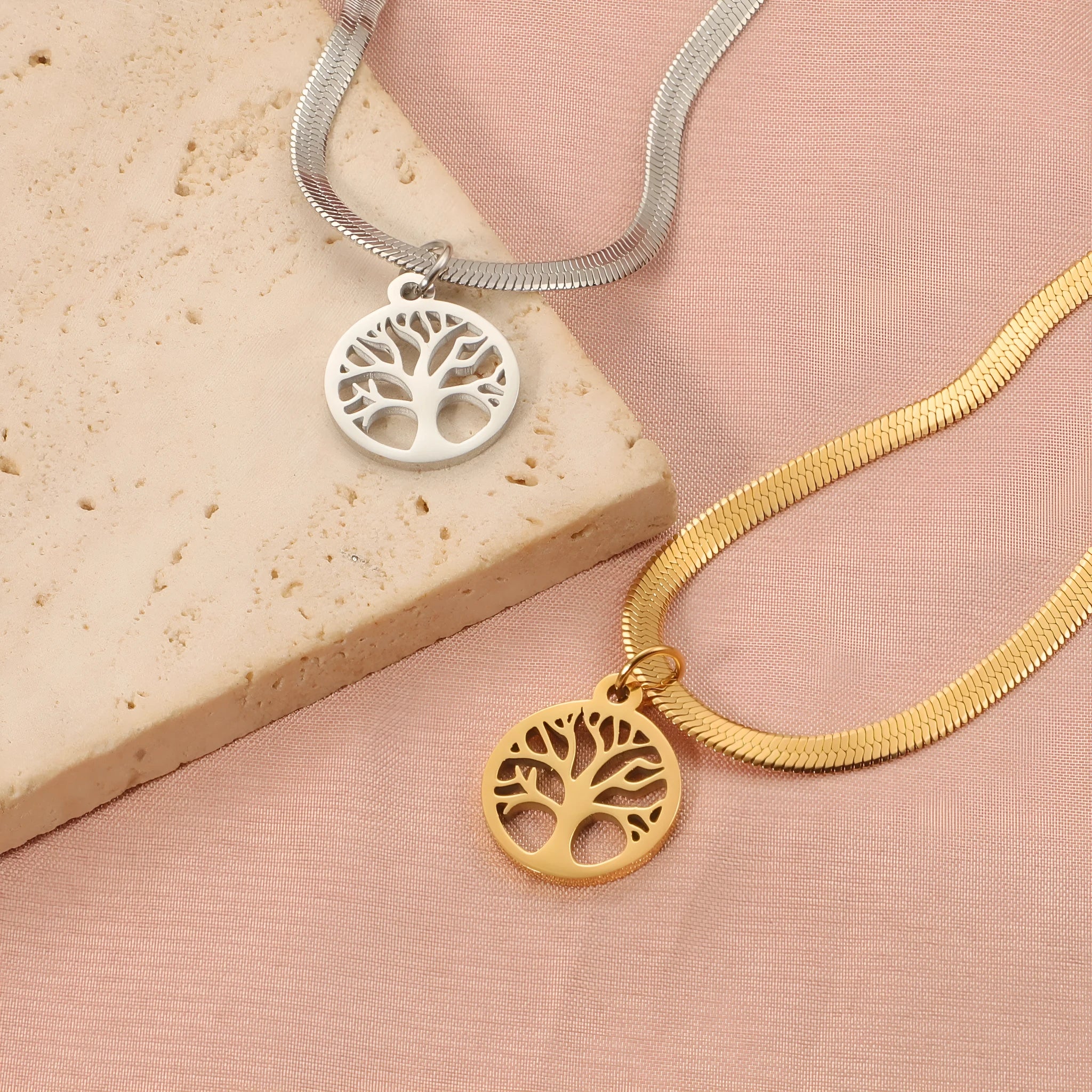 Stainless steel lucky tree necklace on adjustable snake bone chain with titanium steel pendant