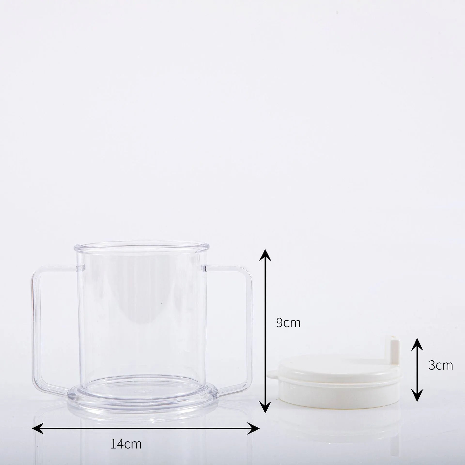 Transparent spill-proof drinking cup with lid on white background