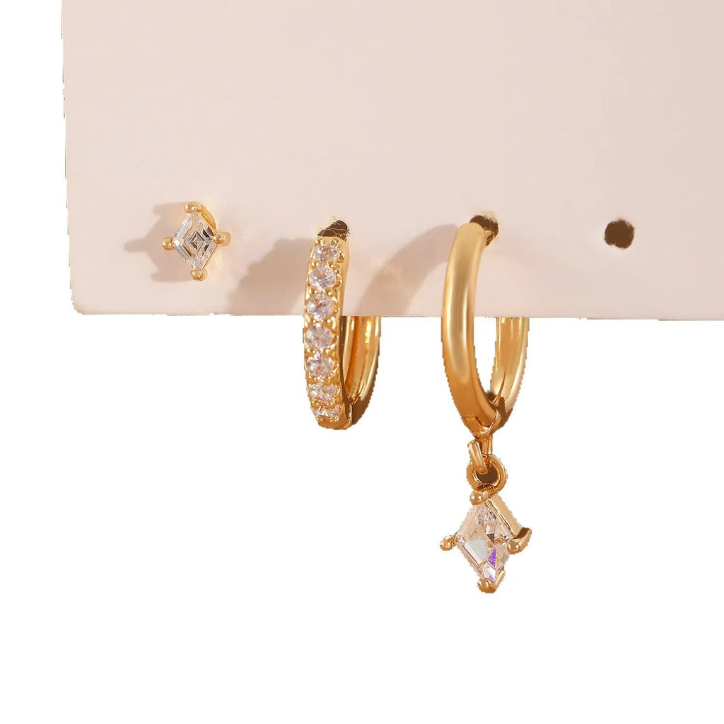 Geometric ladies jewellery three-piece set with zircon stones in gold and white colour options