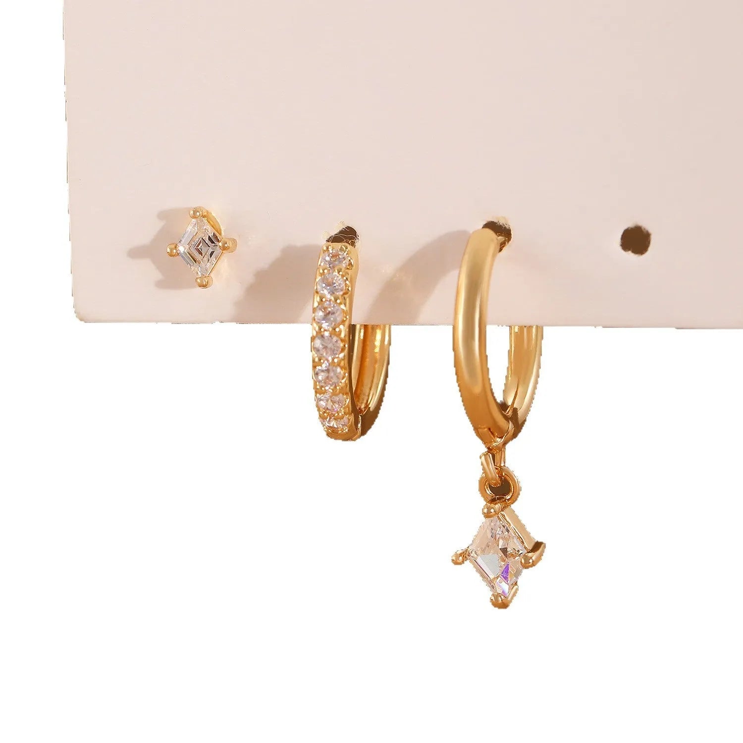 Geometric ladies jewellery three-piece set with zircon stones in gold and white colour options