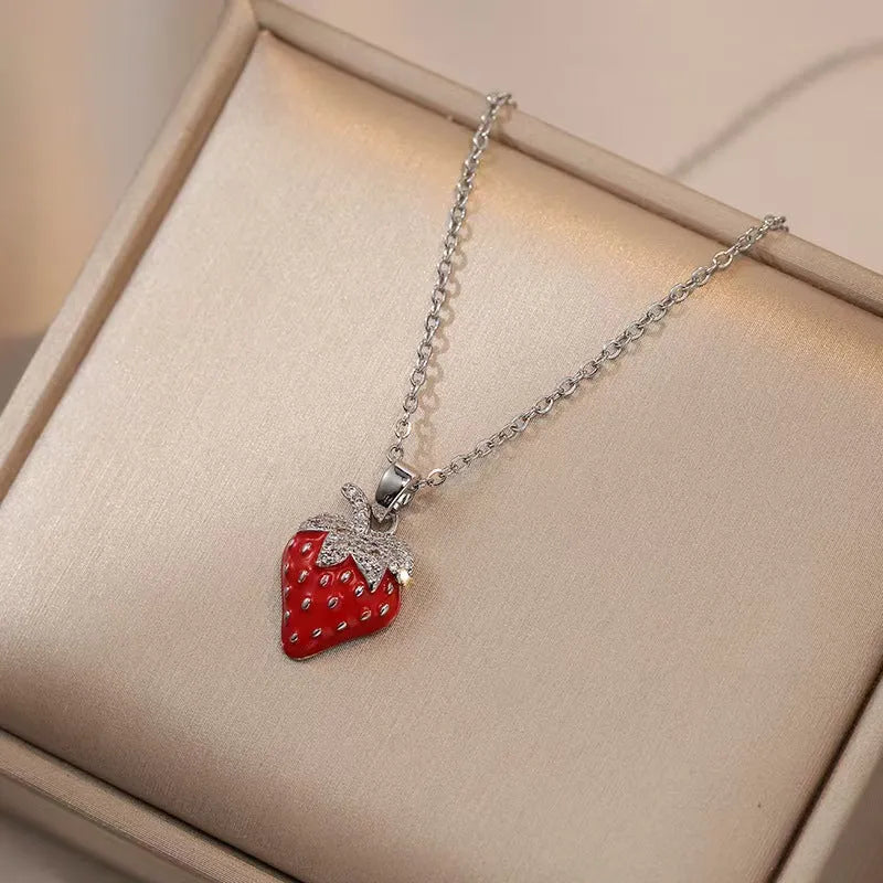 Titanium steel necklace with O-ring chain and delicate indie cherry pendant in golden finish