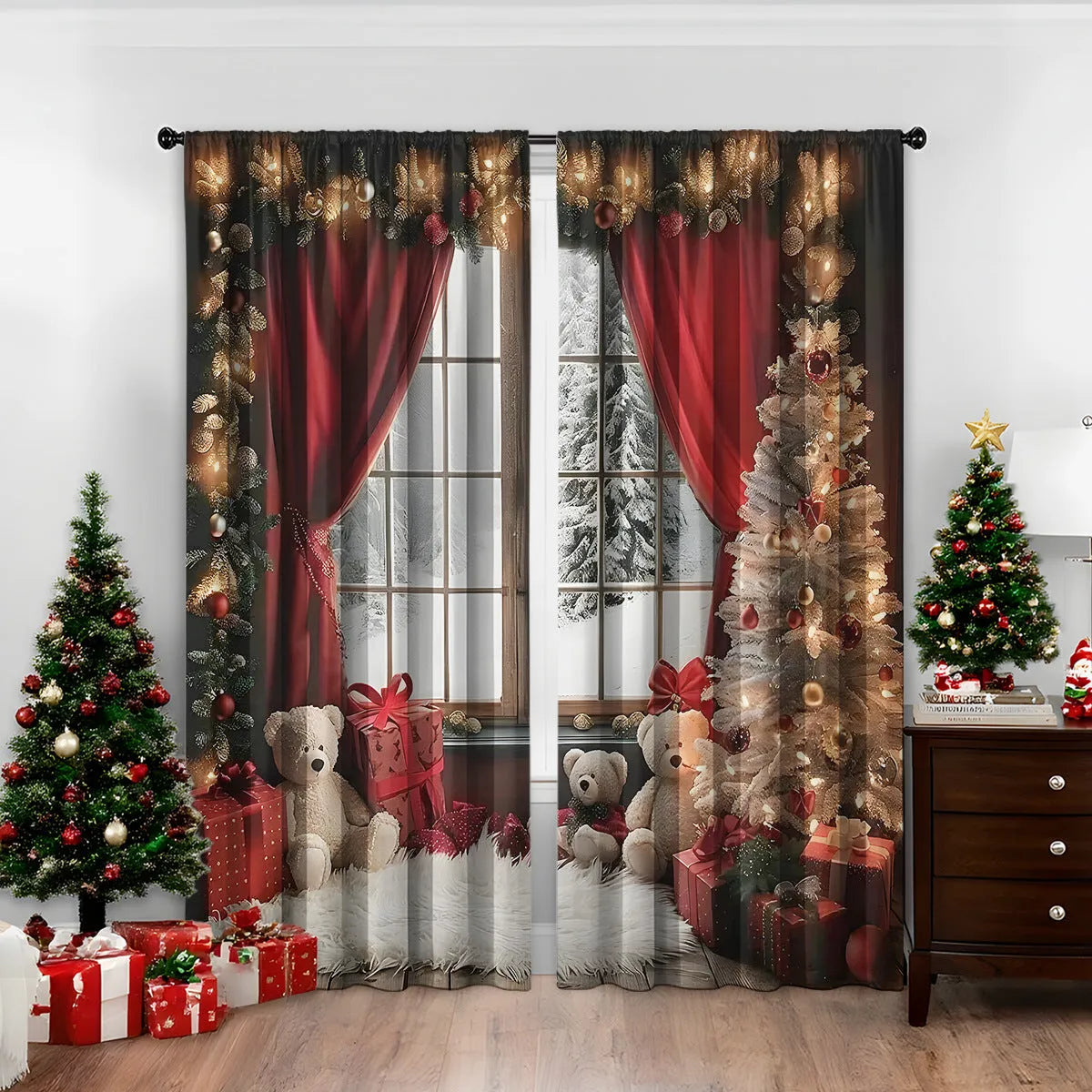 3D digitally printed Christmas curtains set of two in European style with high sunshade function