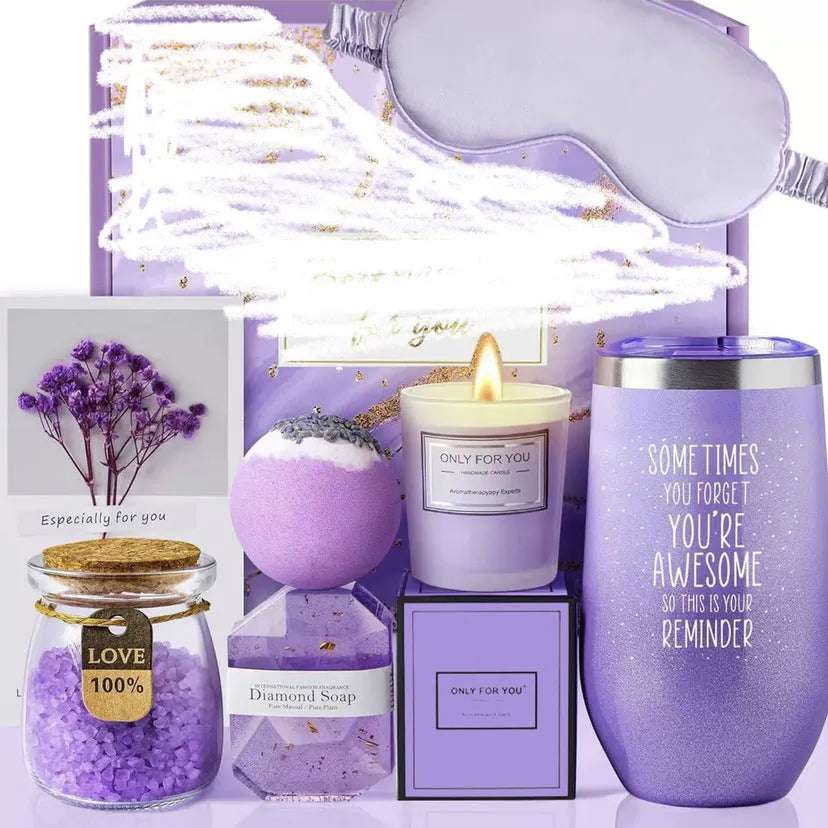 Aromatherapy candle bath gift box with soy wax candles and bubble bath products in modern simplicity design