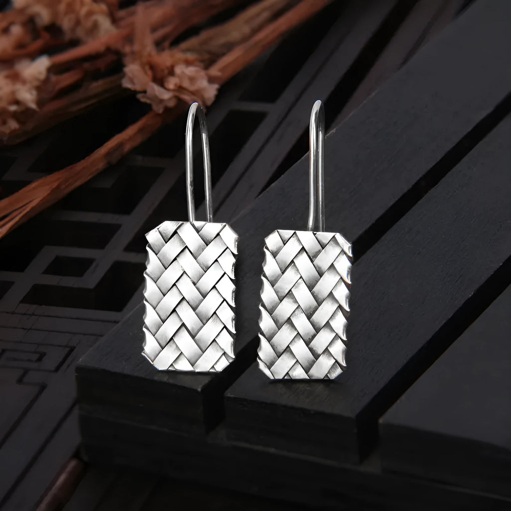 Silver geometric woven diamond plaid earrings with 17.5mm drop measurement