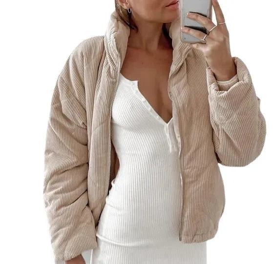 Apricot women's corduroy wadded jacket with stand collar and zip front closure