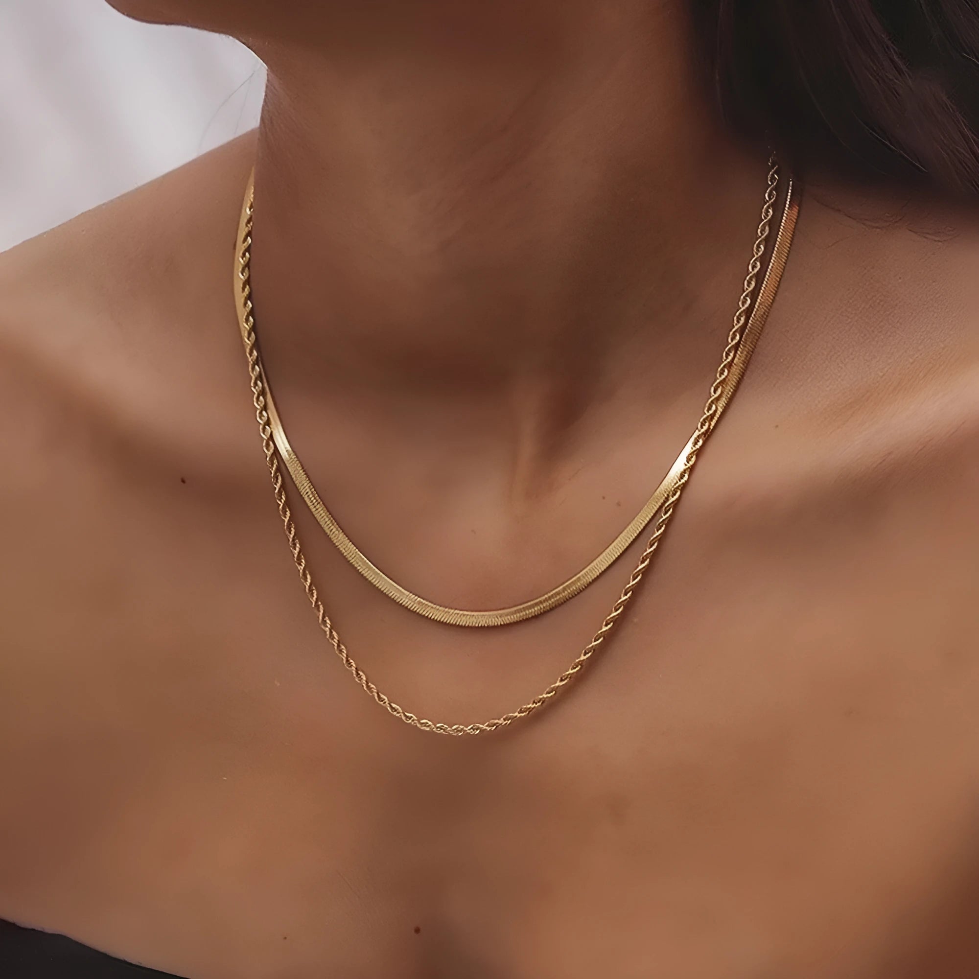 Double layer twist necklace with geometric titanium steel pendant on snake bones chain, adjustable 21-50cm length