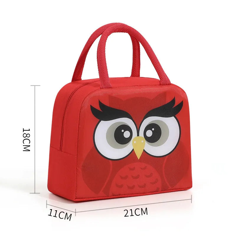 Cartoon insulated lunch box bag in Oxford cloth with aluminium foil insulation.
