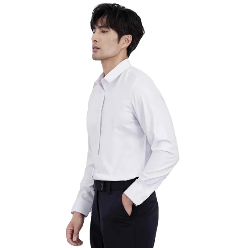 A man's wine red slim-fit casual long-sleeve shirt laid flat, showcasing its non-iron fabric.