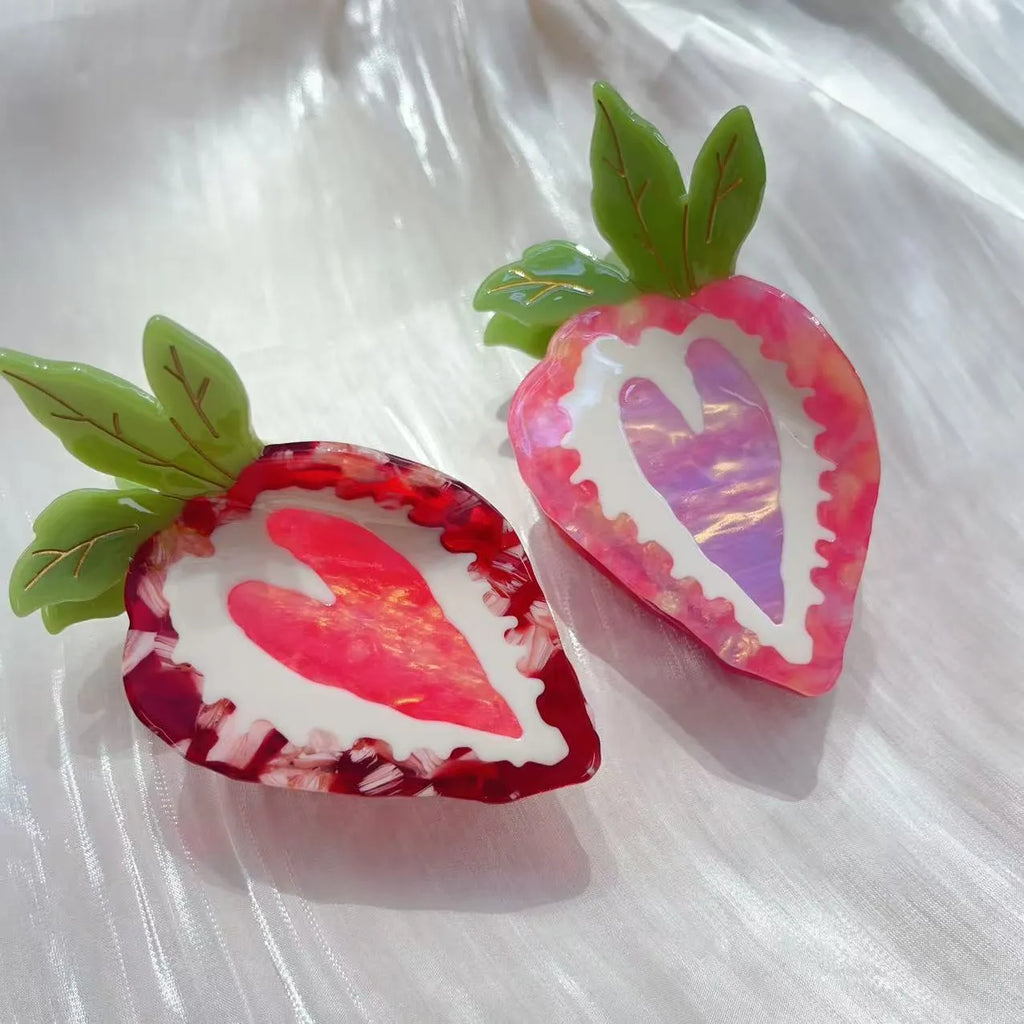 Handmade strawberry hairpin for girls in red pastoral style with fruit decoration