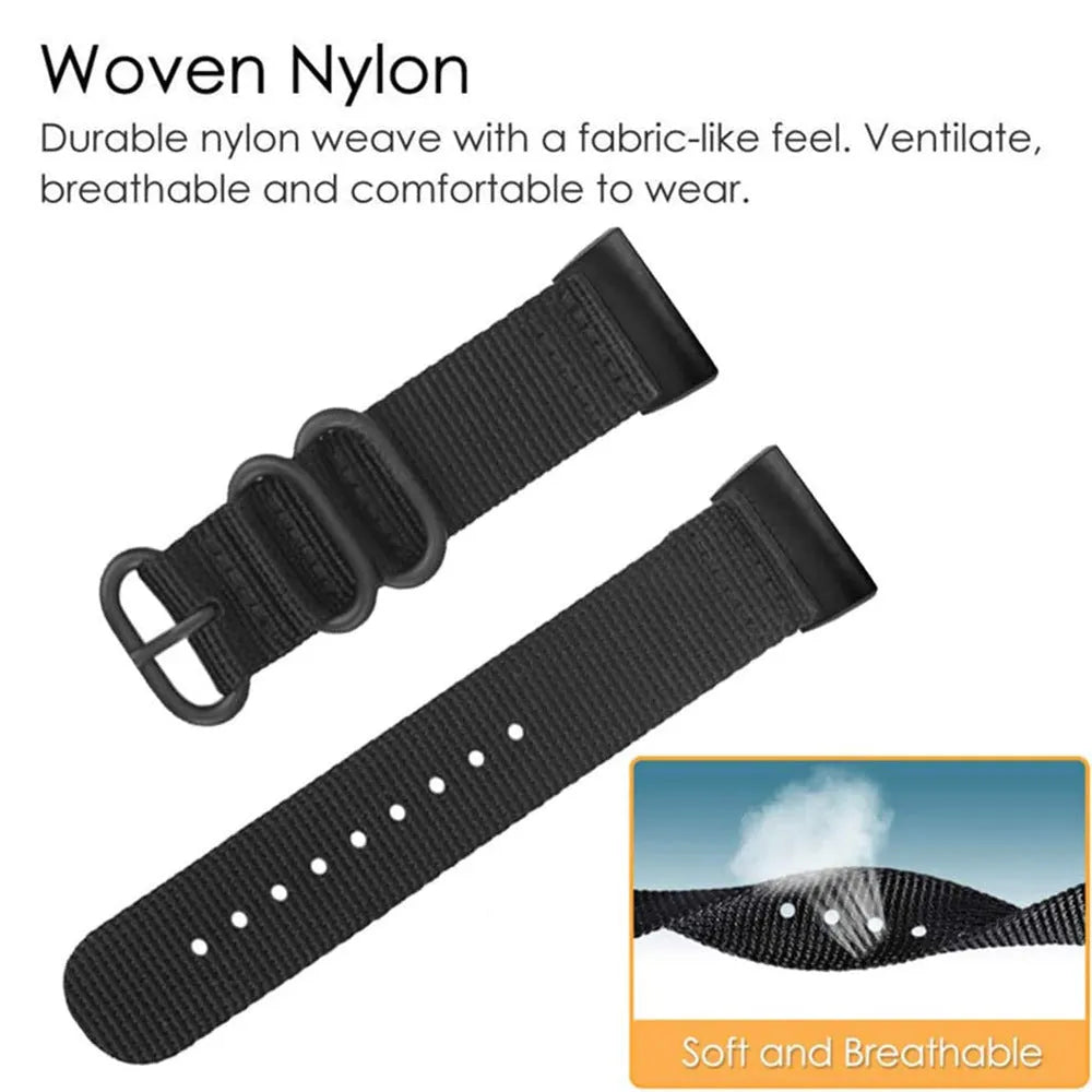 Nylon three-ring buckle replacement strap for Fitbit Charge 2, 3, 4, and 5 fitness trackers in army green colour.
