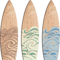 Set of three wooden surfboard-shaped wall decorations on a light background.