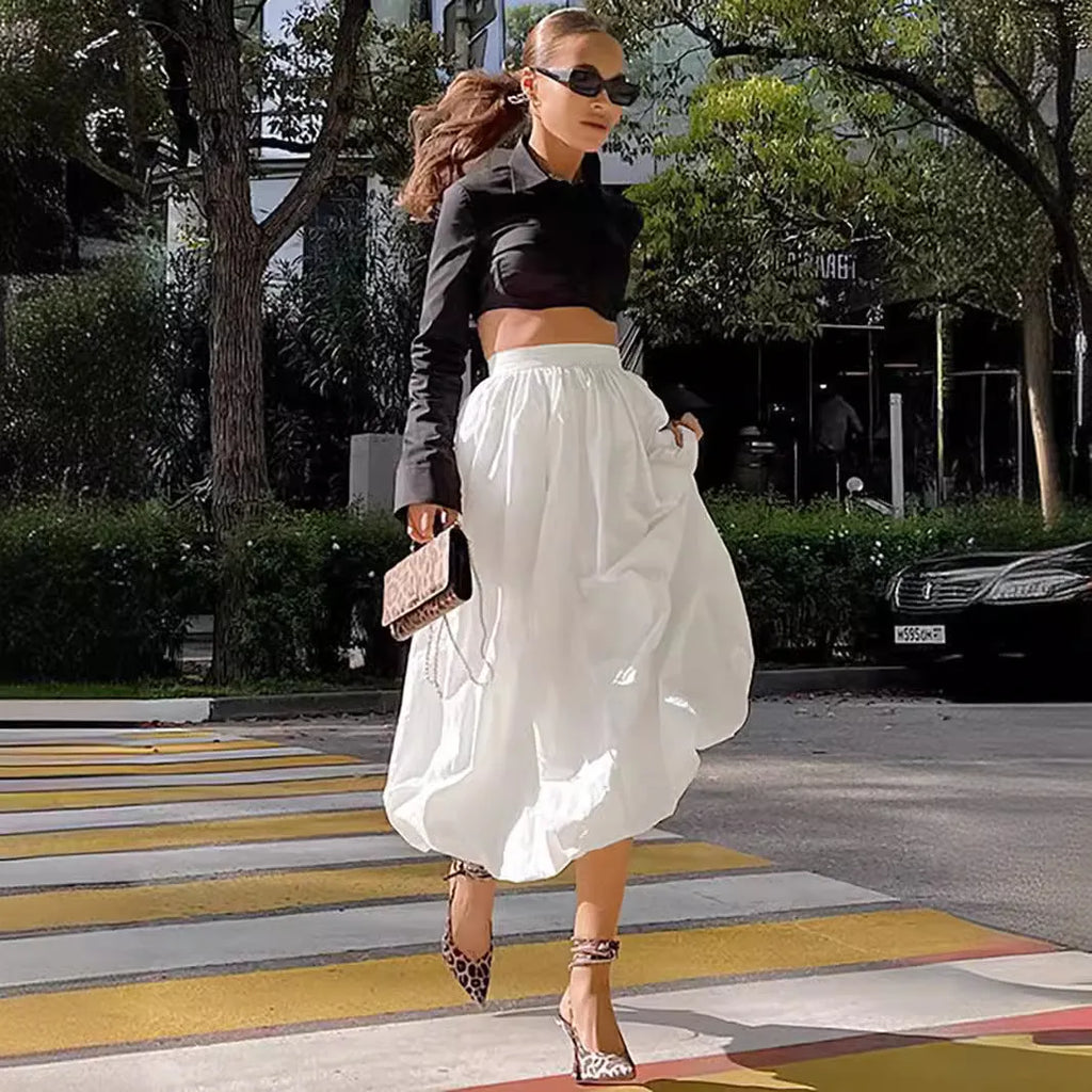 Women's long cotton skirt in black or white with elastic waistband