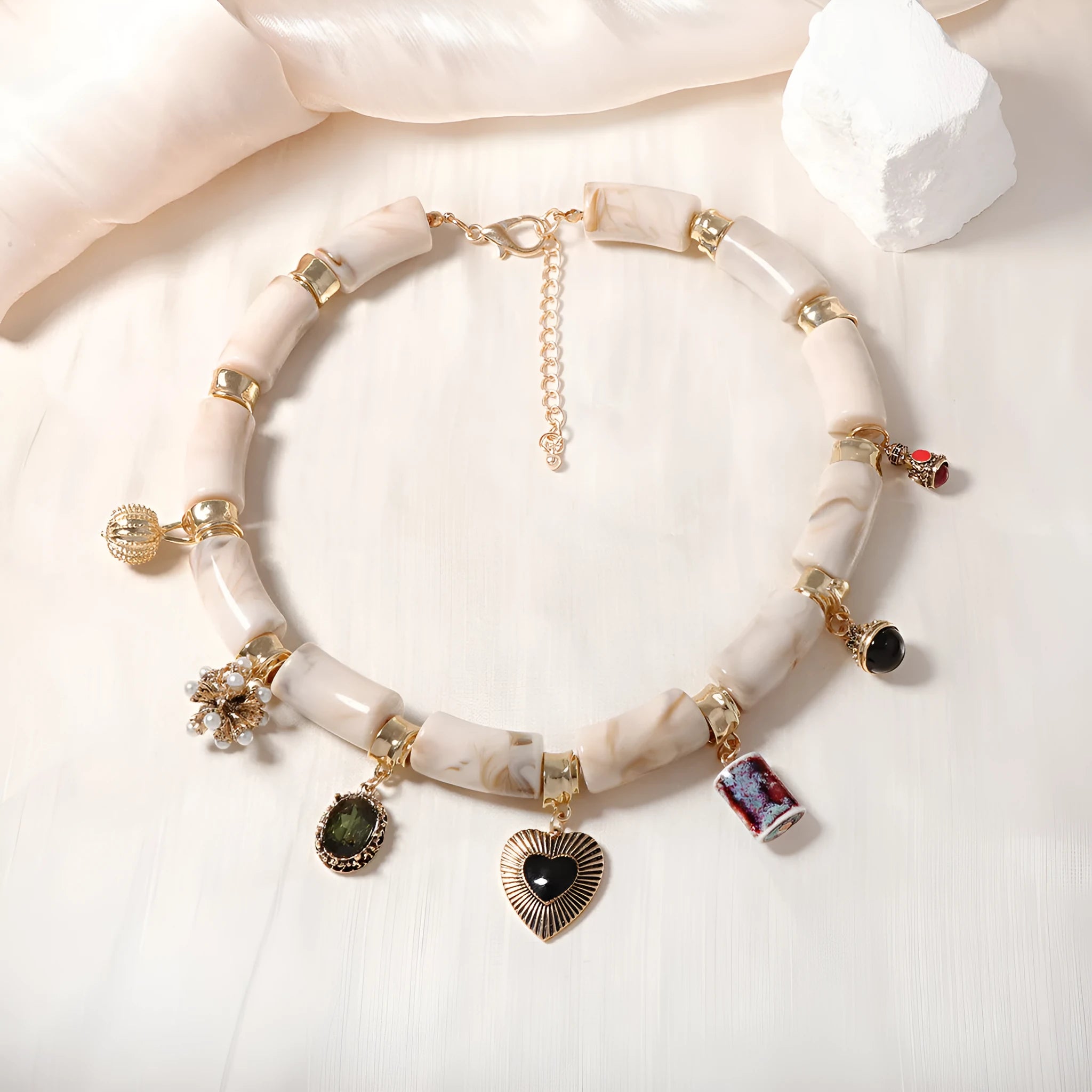 Heart shaped resin bamboo pendant necklace with electroplated finish for women