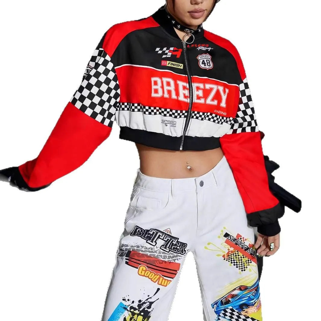 Women's loose fit geometric print casual jacket with front zipper in blue colour