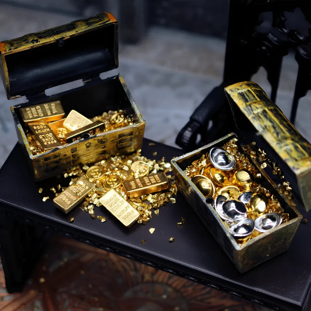 Alloy gold coin treasure box miniature doll house accessories with gold bar decorations