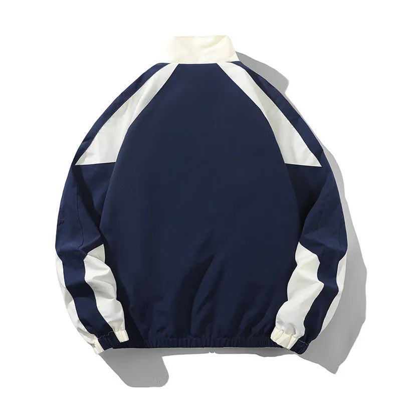 Men's black casual jacket with contrast stitching detail and side pockets, shown in loose fit for spring and autumn wear
