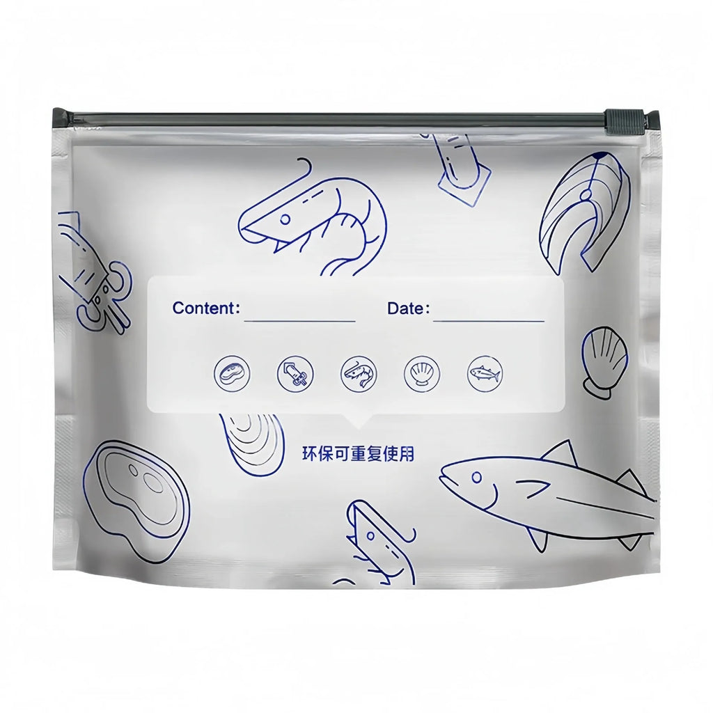 Pack of aluminium foil sealed food storage bags in small, medium, and large sizes.