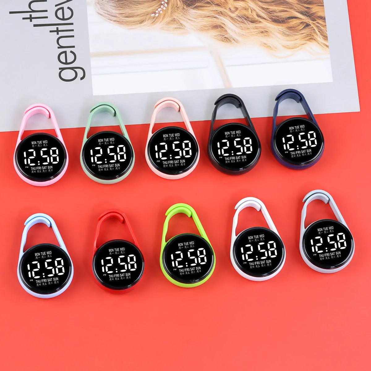 LED electronic watch with weekday display in waterproof mini design showing ten colour options