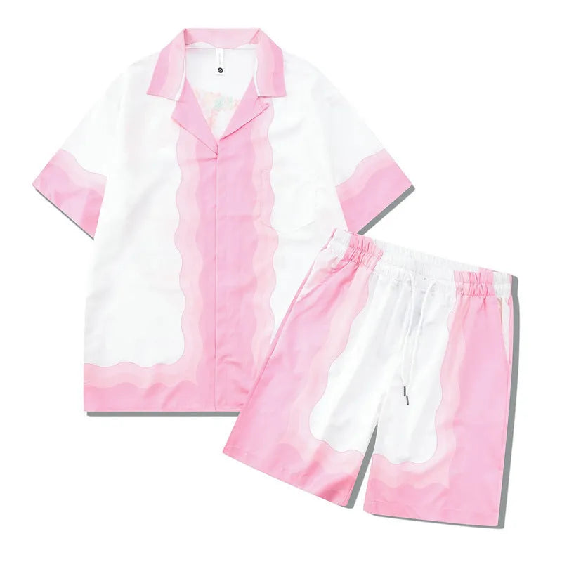 Men's plaid print short sleeve shirt and trousers beach outfit set on a hanger