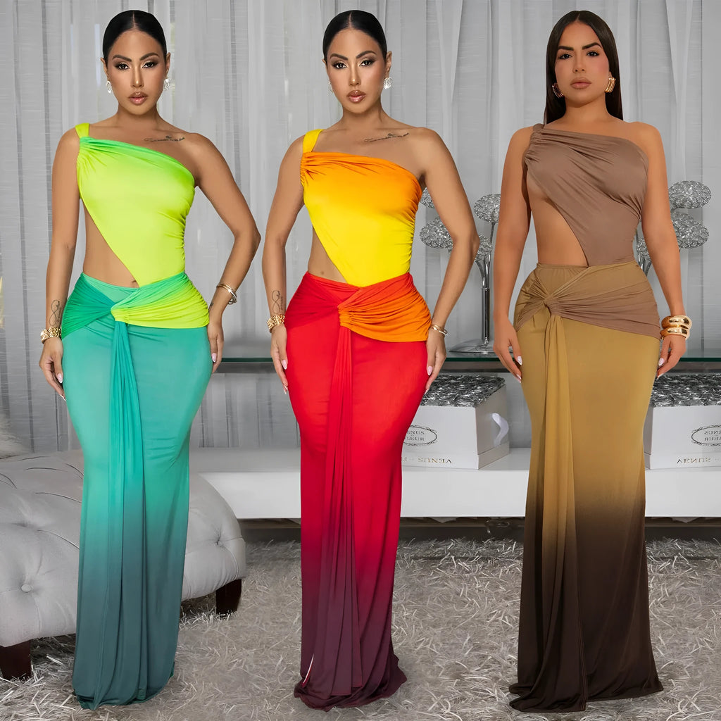Women's long gradient colour dress with an asymmetric cross-shoulder neckline and sleeveless design.