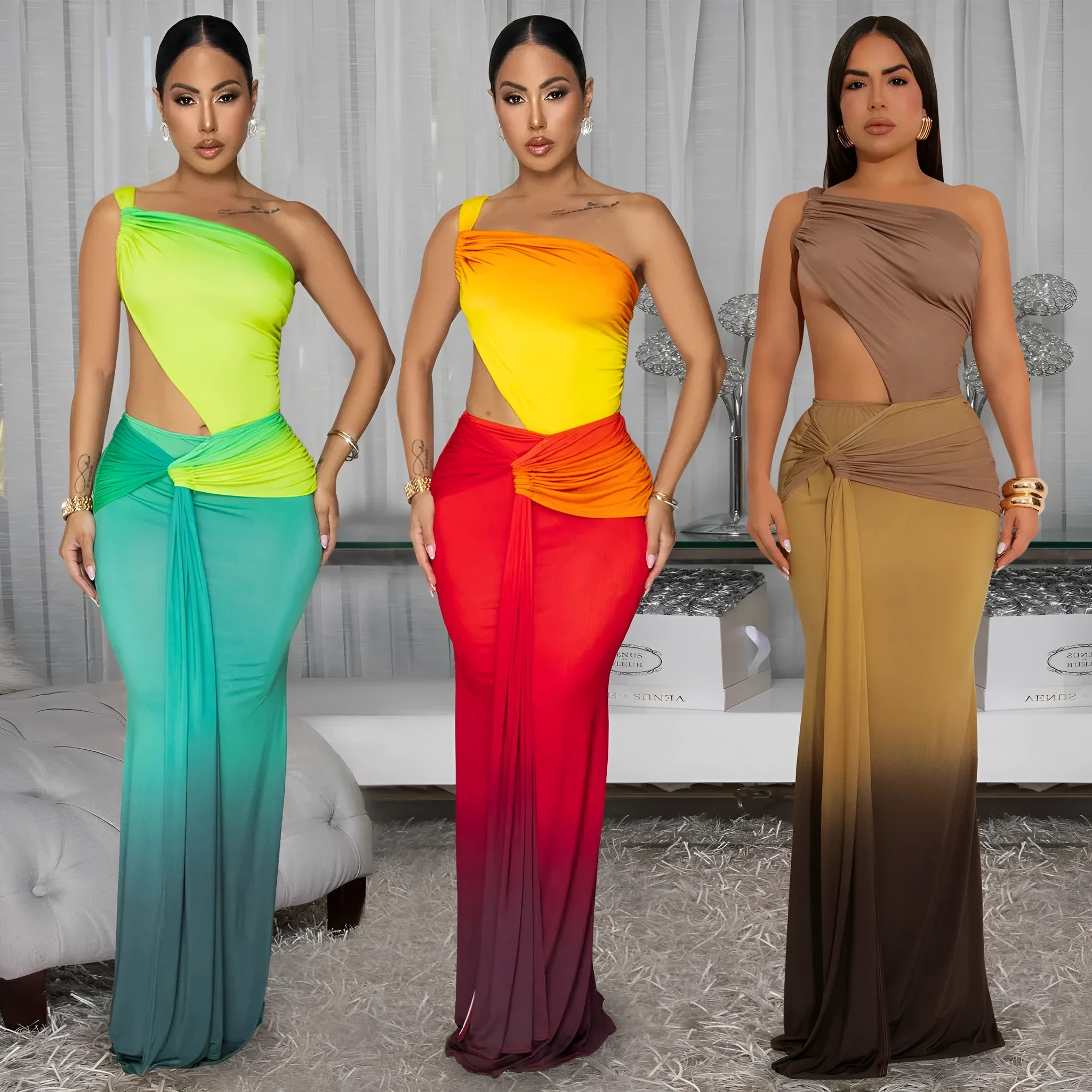 Women's long gradient colour dress with an asymmetric cross-shoulder neckline and sleeveless design.