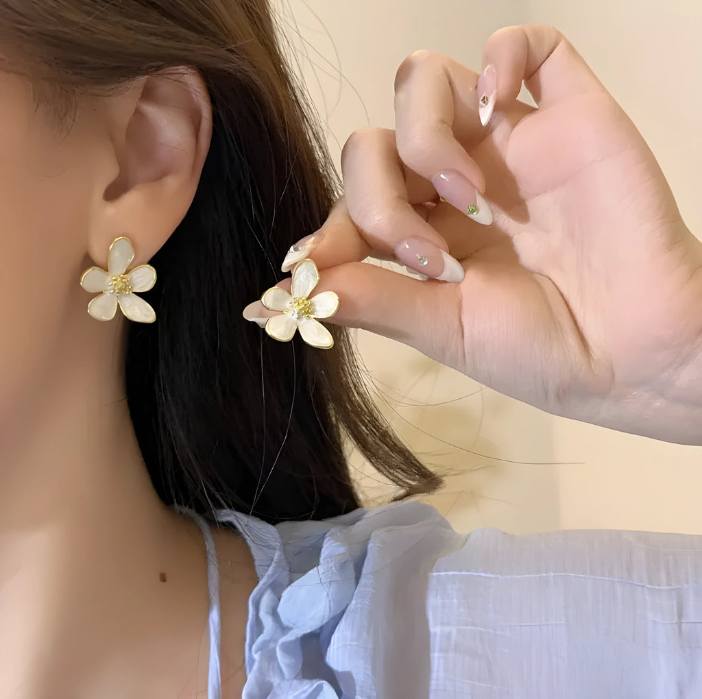 White drop oil petal earrings for women – five petal flower drop ear studs with glossy dripping oil finish on zinc alloy