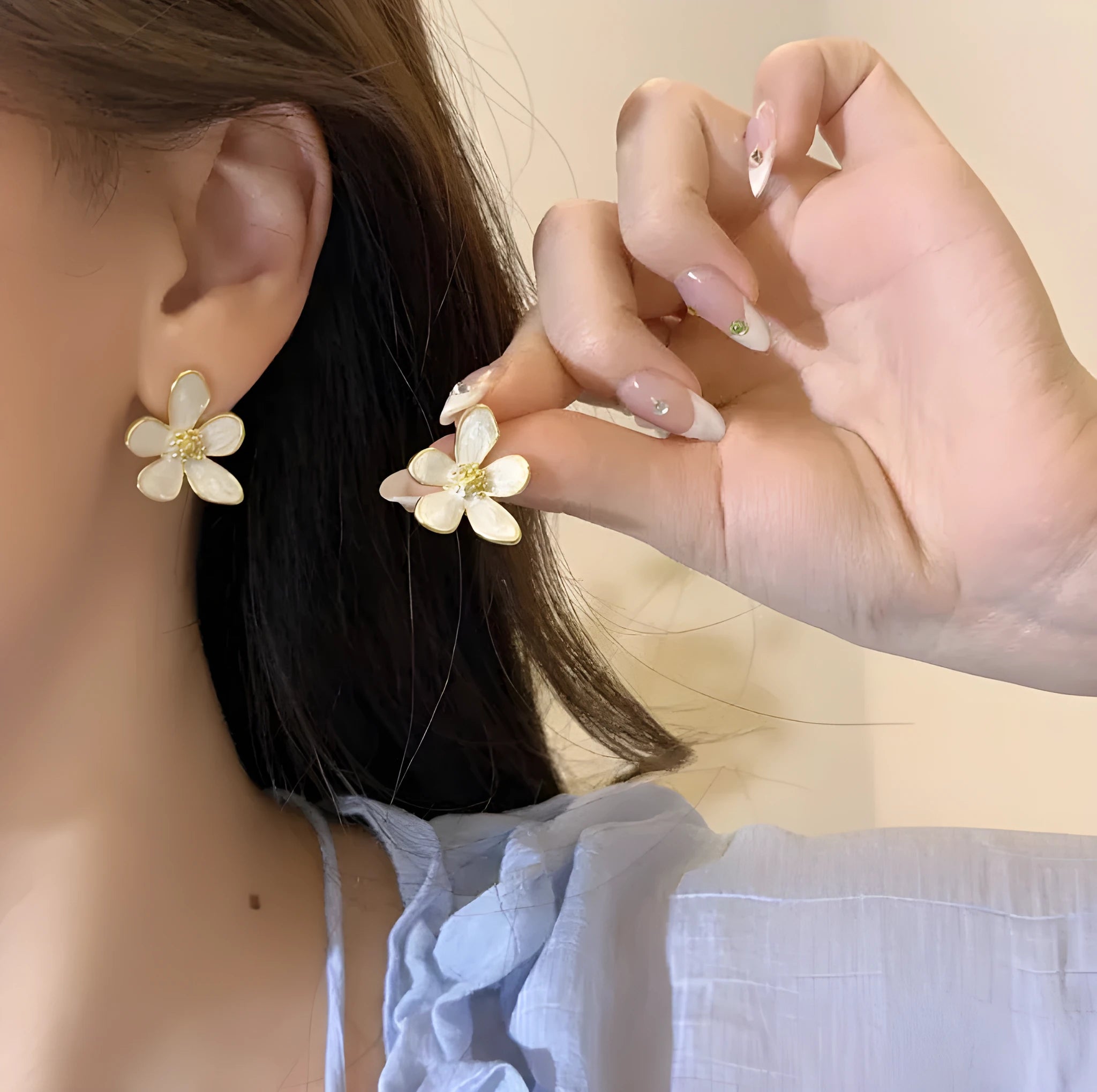 White drop oil petal earrings for women – five petal flower drop ear studs with glossy dripping oil finish on zinc alloy