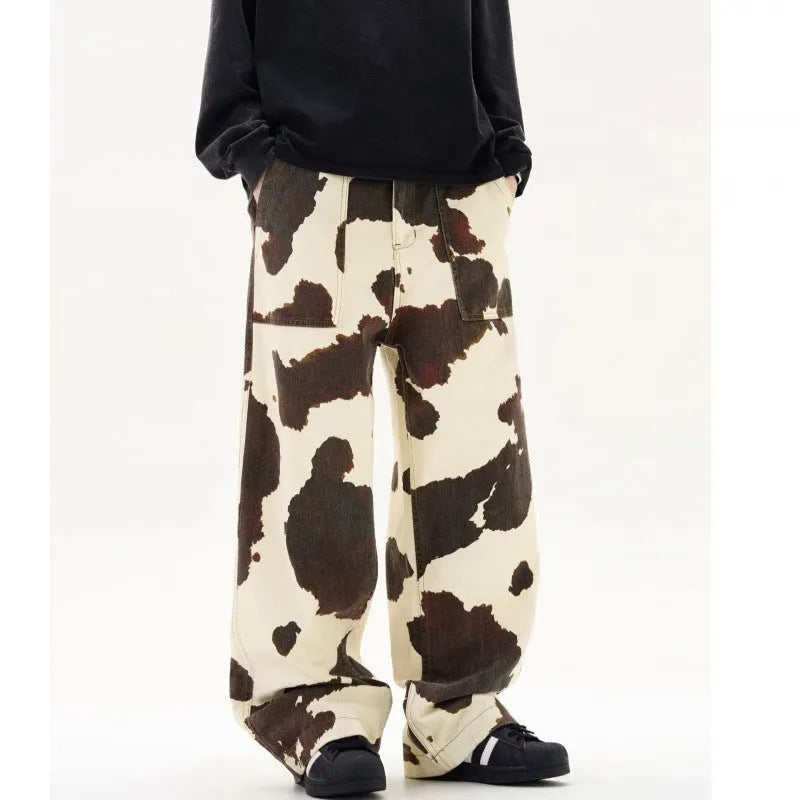 Men's straight-leg trousers with American retro cows pattern in cotton-polyester blend fabric