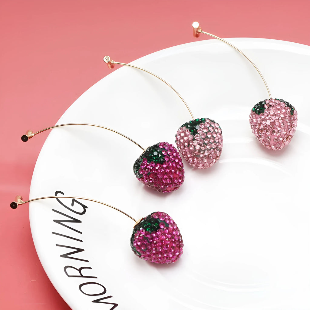 Red strawberry-shaped geometric earrings with spot drill crystals on zinc alloy