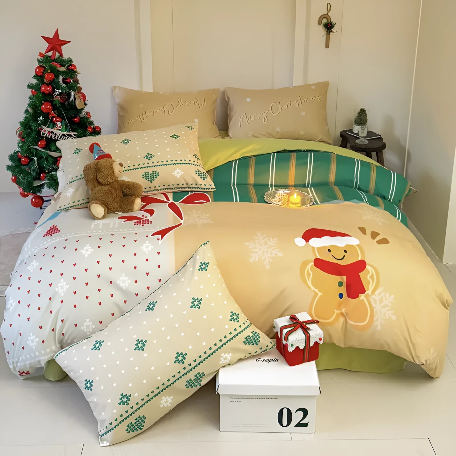 Christmas cartoon print four-piece bedding set with super soft washed cotton material