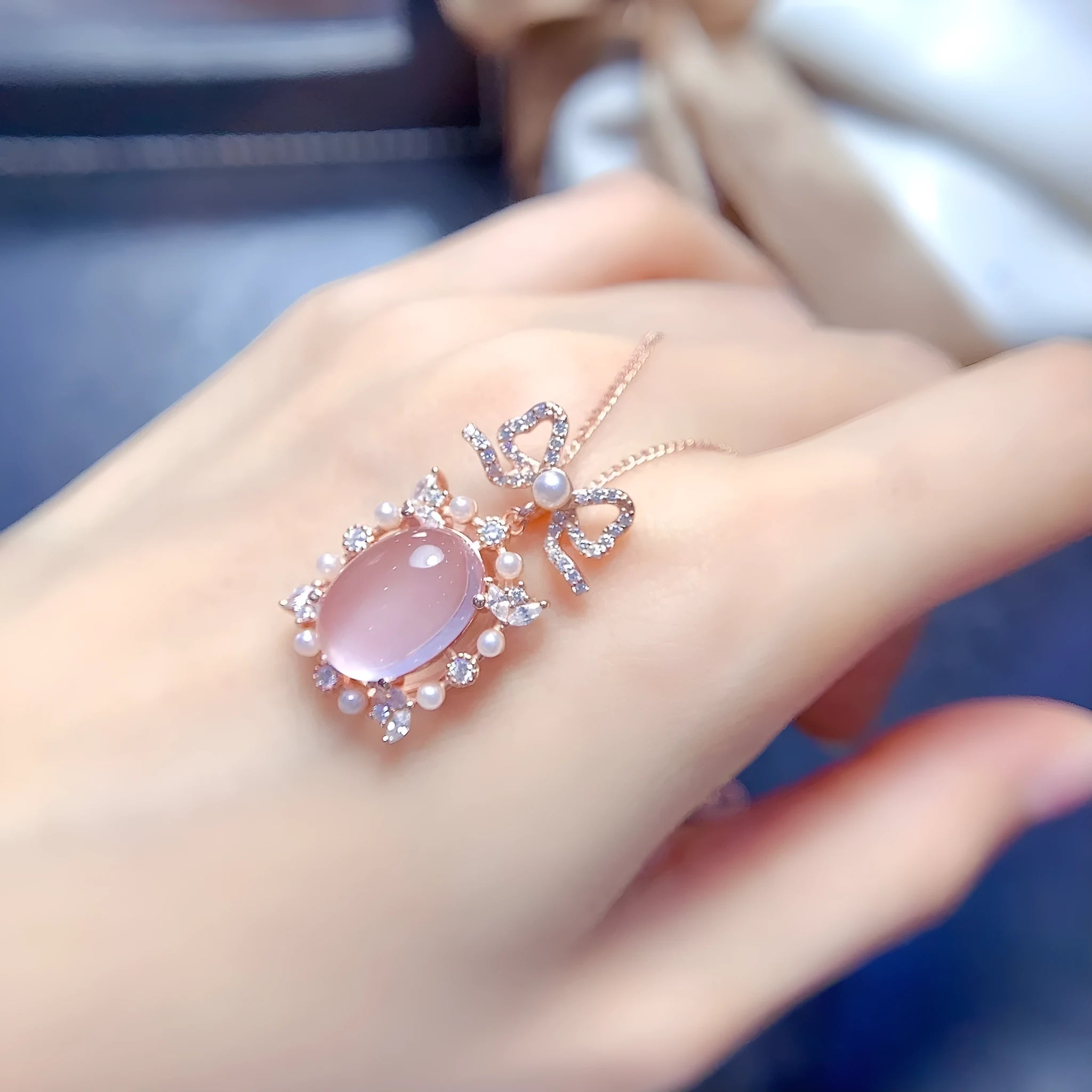 Natural rose quartz geometric pendant on 925 silver chain with rose gold plating