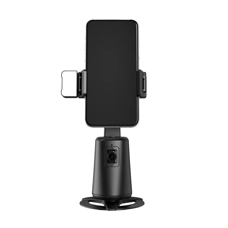 Black desktop phone holder with intelligent face tracking, rotating head and ribbon lights with remote control