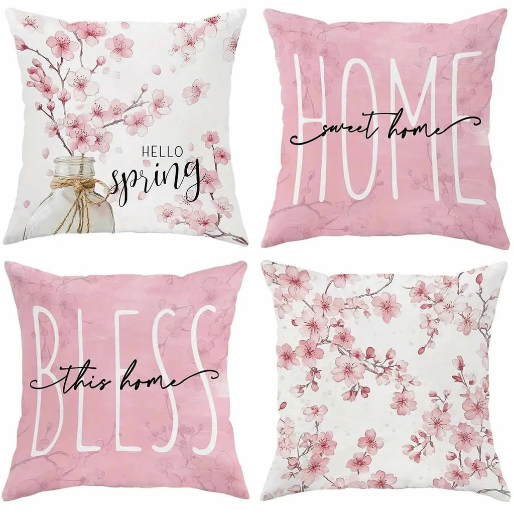45cm square short velvet cushion cover with printed cherry blossom and letter design.