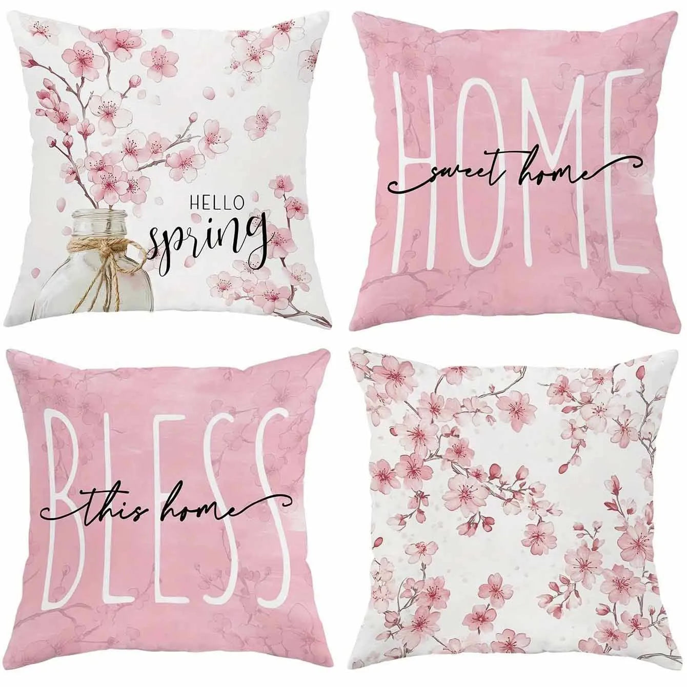 45cm square short velvet cushion cover with printed cherry blossom and letter design.