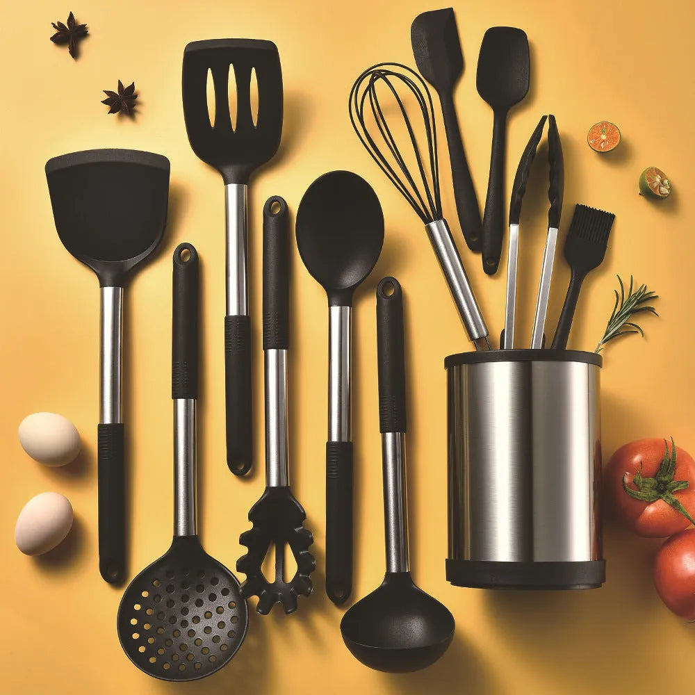 12-piece silicone kitchen utensil set with rotating storage bucket in black, includes spatula, ladel, and cooking tools