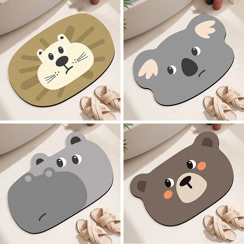 Cartoon animal design diatom oil bathroom mat in alien shape on bathroom floor.