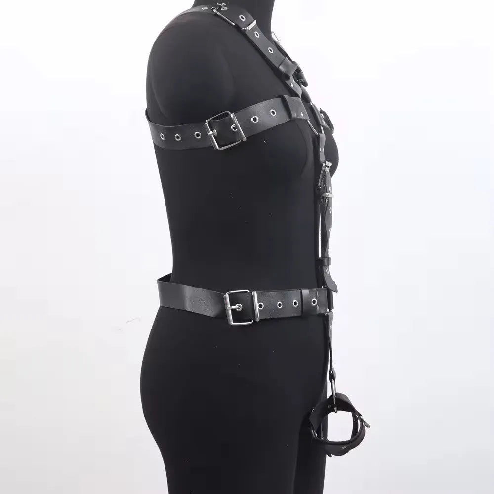 Black patent leather shapewear bodysuit with adjustable buckle fastenings and thin straps