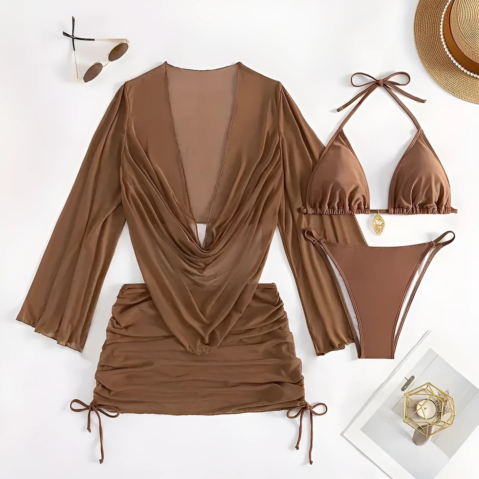 Women's lace-up bikini swimsuit in dark brown or black with sleeveless, backless two-piece design