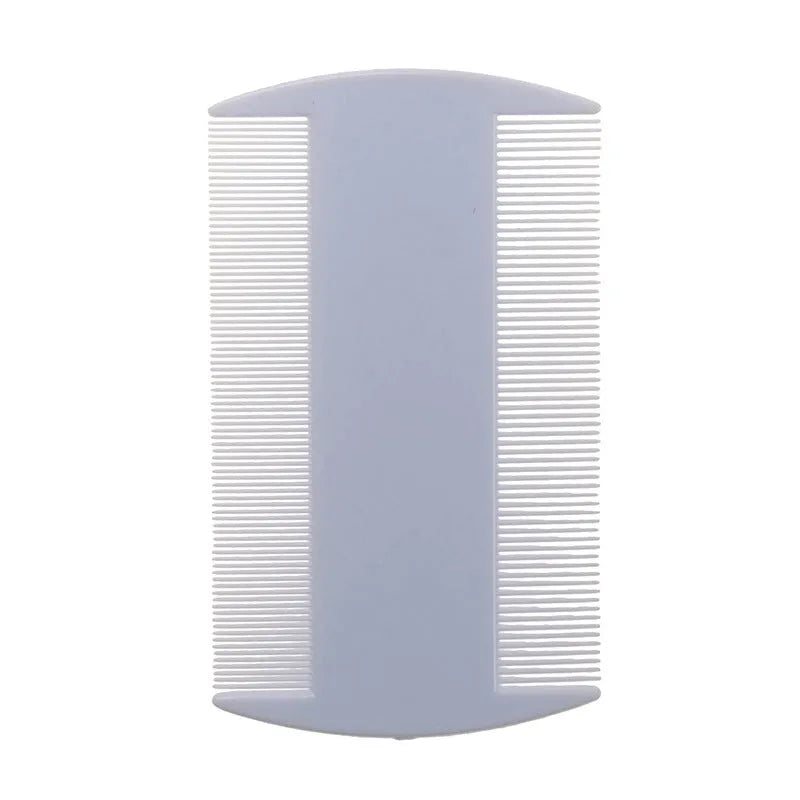Double-edged fine-toothed plastic comb in assorted colours on a white background.