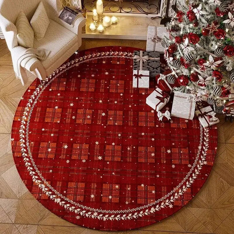 Round Christmas carpet in festive colours with velvet texture on hardwood floor
