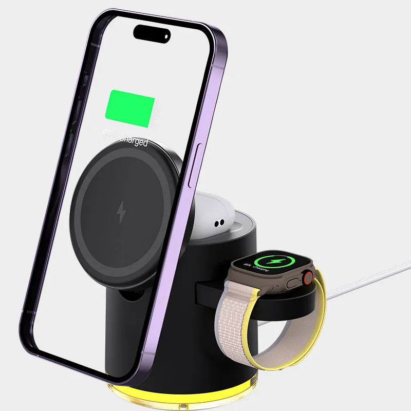 C16 portable folding wireless charger charging a smartphone, a smartwatch, and wireless earbuds simultaneously.