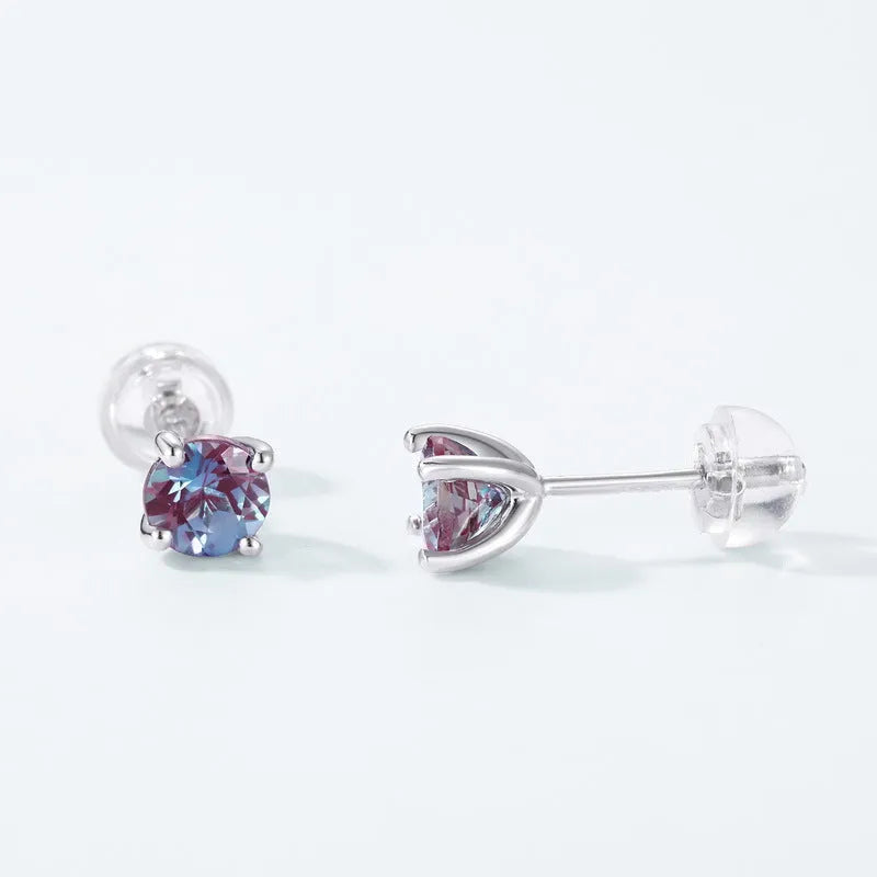 925 silver ear studs with round cultivated alexandrite stone geometric design