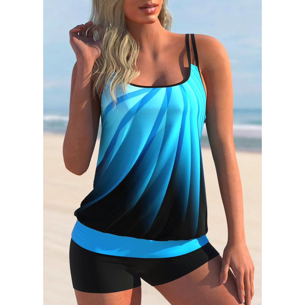 Plus size women's swimsuit set with printed butterfly pattern top and matching beach shorts