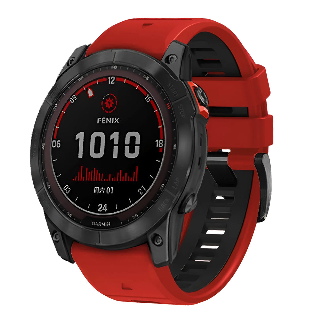 Two-tone quick release silicone strap for Garmin Fenix watch next to a watch case.